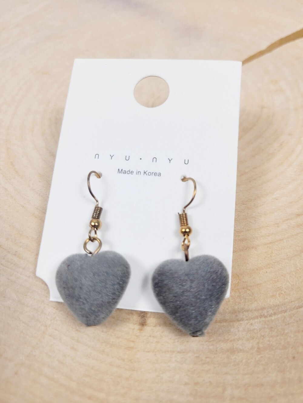 Brand New Gold Tone Grey Fluffy Heart Dangle Earrings